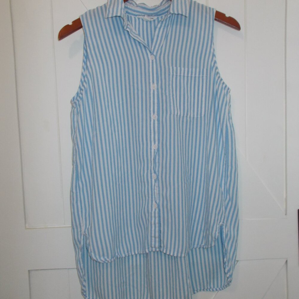 beachlunchlounge Sleeveless Button Up Striped Shirt Tunic Women's M Blue & White